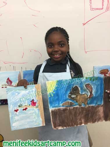 squirrel and red robin bird christmas painting kids art class in Menifee California
