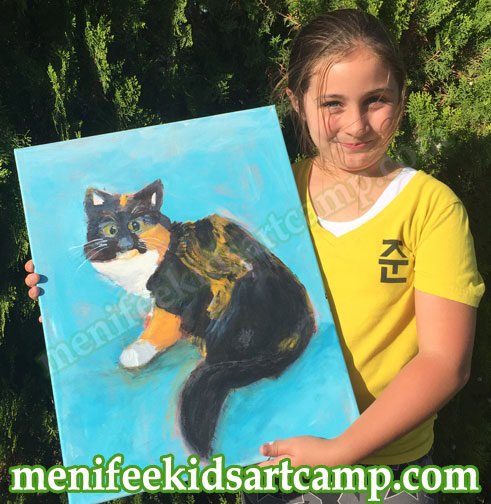 art classes near me in menifee California Painting classes, arts and crafts by Fine artist Ines Miller art instructor cat painting on canvas by child